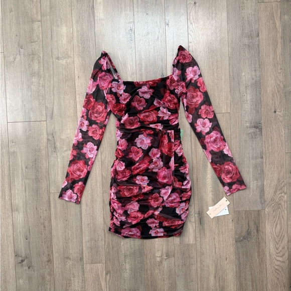 Pink and Red Floral Long Sleeve Mini Dress - Picture 5 of 13